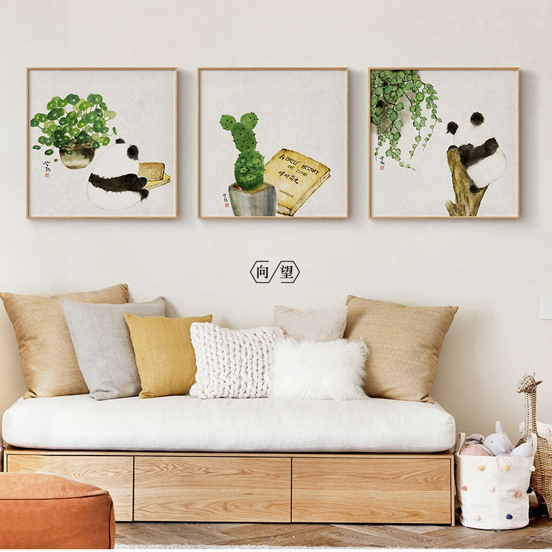新中式餐厅装饰画日式可爱熊猫卧室壁画客厅沙发背景墙挂画