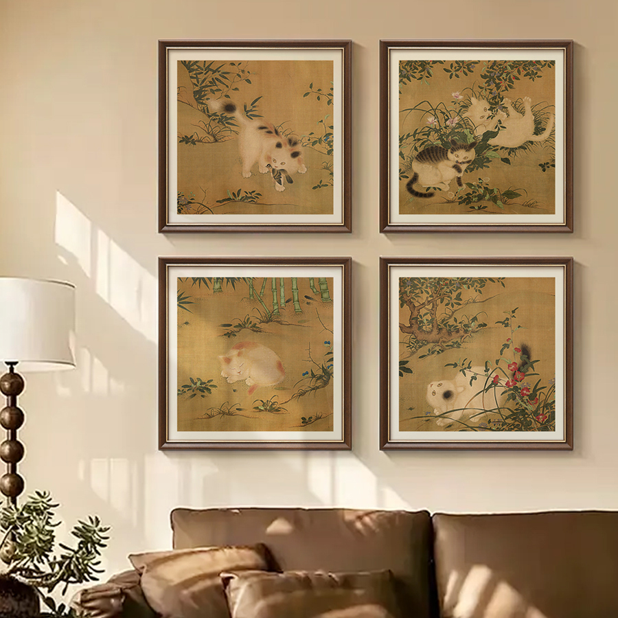中国风客厅装饰画花鸟猫复古挂画新中式中古玄关餐厅书房卧室壁画