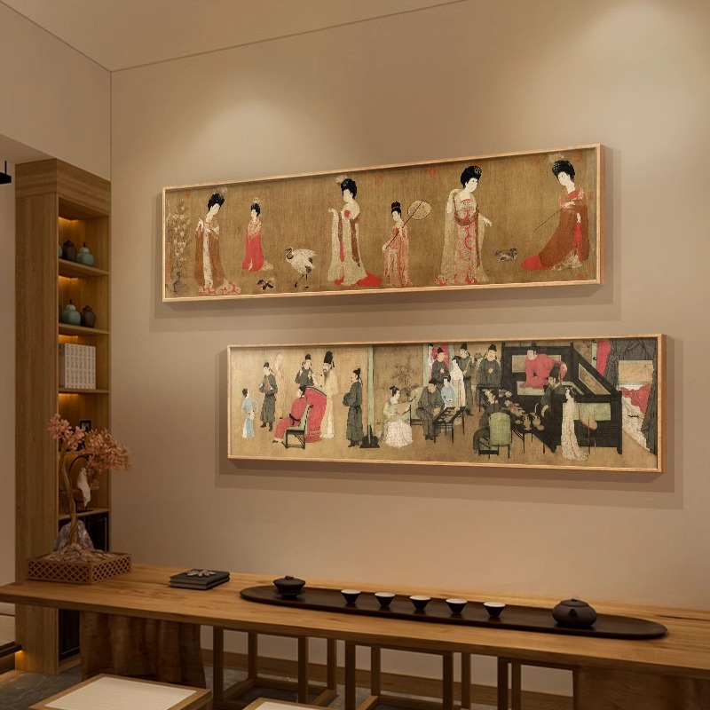 新中式仕女图茶室装饰画唐代古风国画客厅挂画餐厅卧室横幅壁画