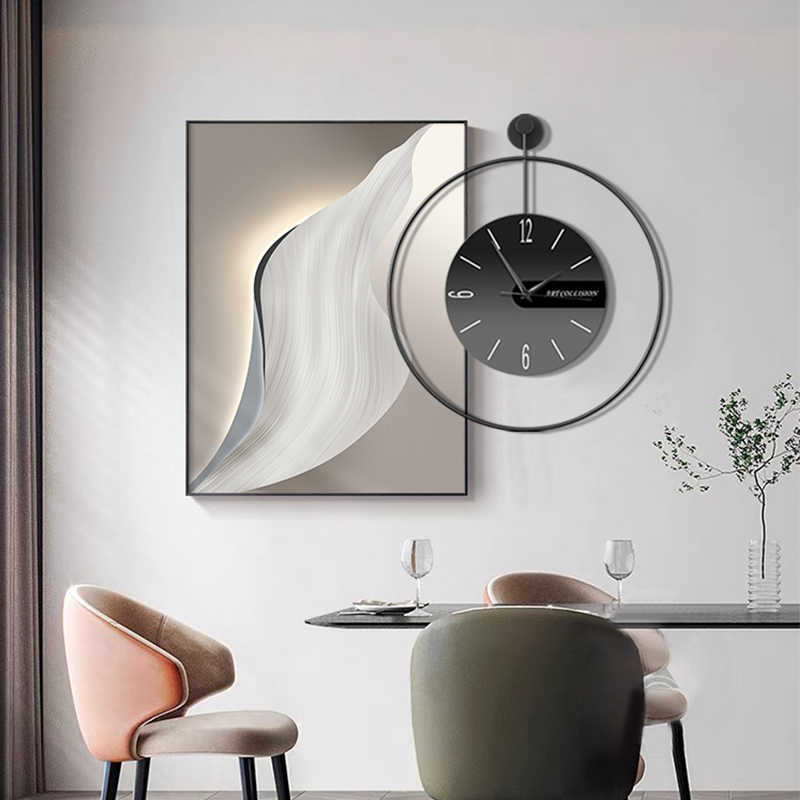 现代轻奢餐厅装饰画时钟简约大气客厅钟表挂画抽象饭厅背景墙壁画