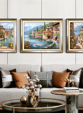 欧式轻奢手绘油画客厅餐厅沙发挂画优美风景画别墅横版三联墙壁画