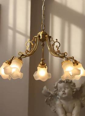法式中古全铜吊灯雕花灯臂白玉玻璃美式复古客厅书房卧室餐厅灯具