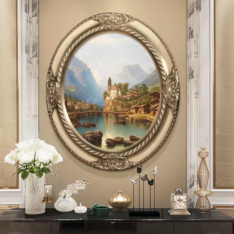 欧式古典玄关装饰画客厅美式壁画金色实木风景圆框书房餐厅墙画