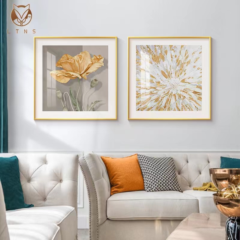 简约美式餐厅装饰画现代轻奢客厅金色抽象背景挂画正方形玄关壁画