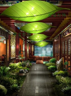 新现代中式布艺树叶吊灯卧室客厅酒店会所餐厅茶馆灯笼灯具东南亚