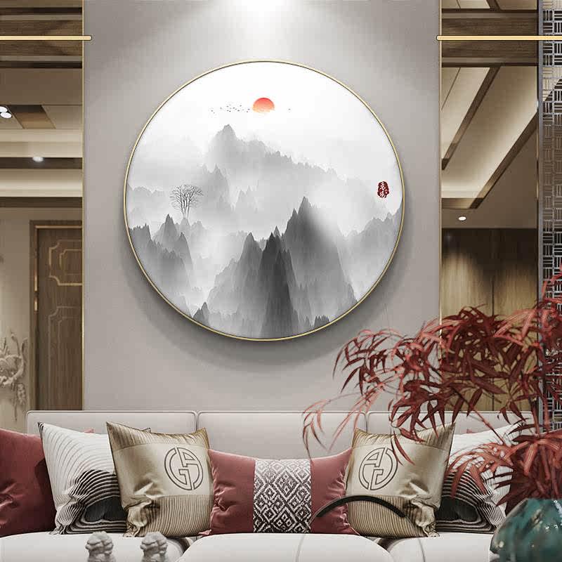 新中式入门玄关装饰画圆形靠山水墨餐厅壁画走廊过道客厅玄幻挂画