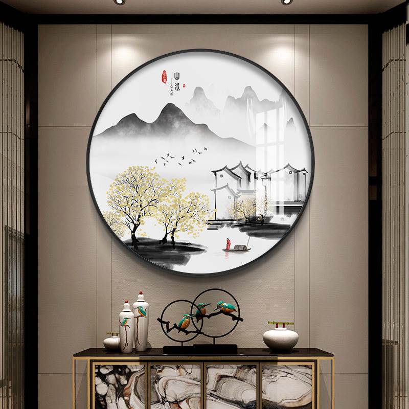 新中式圆形装饰画入户门玄关山水壁画客厅餐厅挂画走廊过道晶瓷画