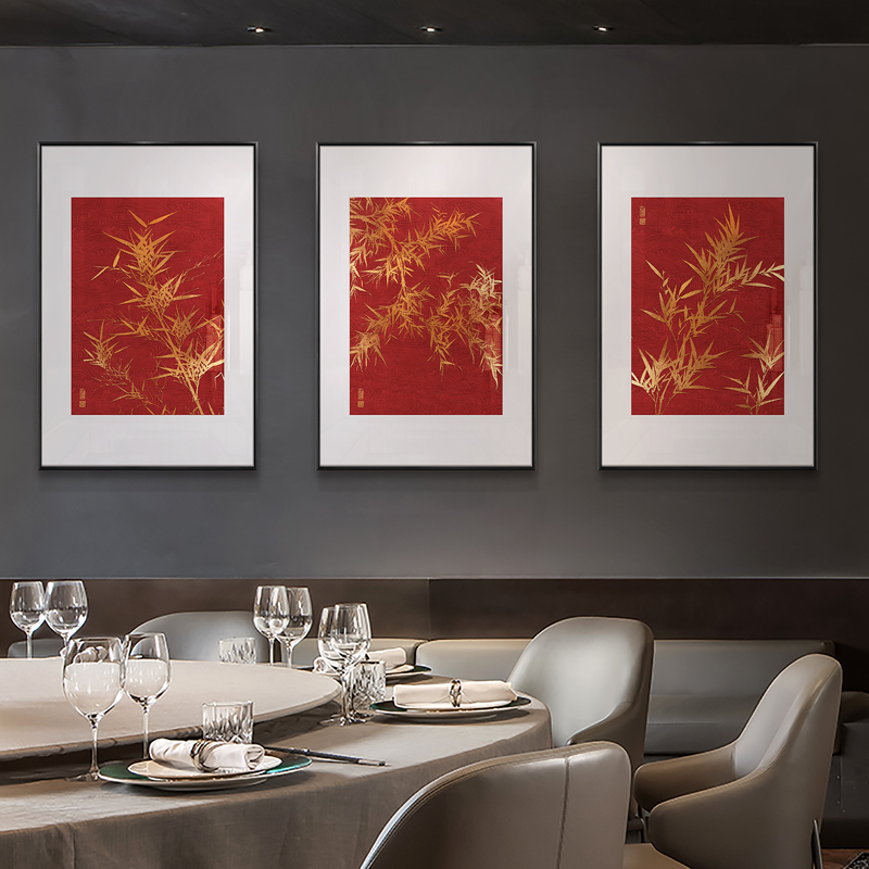 原创新中式餐厅浮雕装饰画金竹福海进门玄关走廊壁画客厅背景挂画