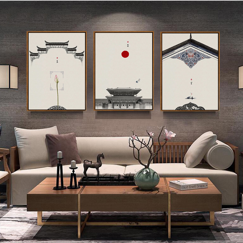 新中式客厅装饰画三联组合民宿中国风壁画玄关餐厅禅意挂画床头画