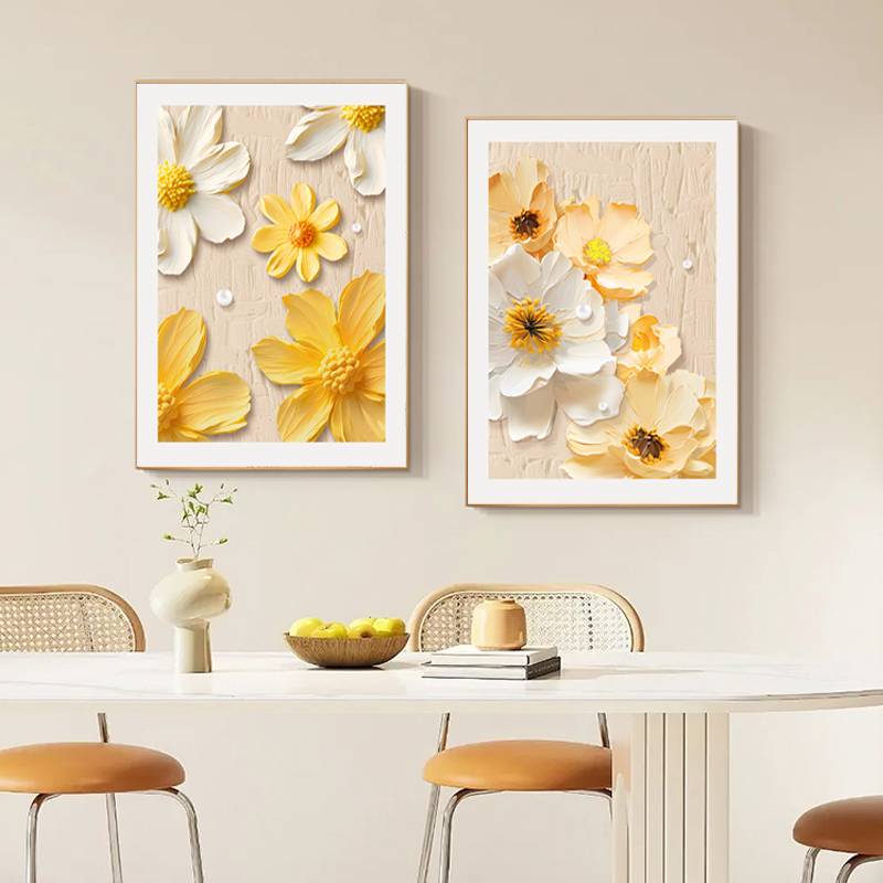 奶油风餐厅装饰画北欧抽象花卉餐桌饭厅背景墙客厅挂画高级感壁画