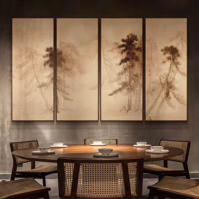 新中式茶餐厅装饰画迎客松客厅背景墙面挂画办公室书房多联组合画
