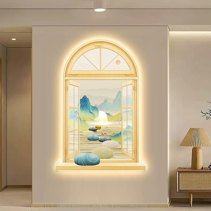 千里江山图餐厅装饰画原木风假窗户风景画LED发光壁灯画客厅墙画