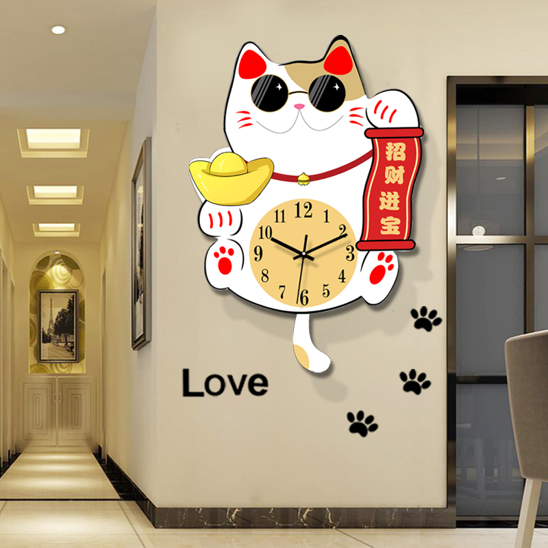 2024新款餐厅招财猫大气钟表挂钟客厅网红创意表家用简约挂墙时钟