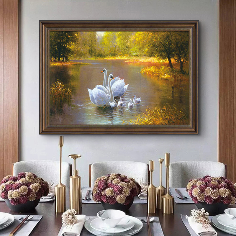 天鹅湖畔风景美式餐厅装饰画高级感油画玄关挂画欧式客厅卧室壁画