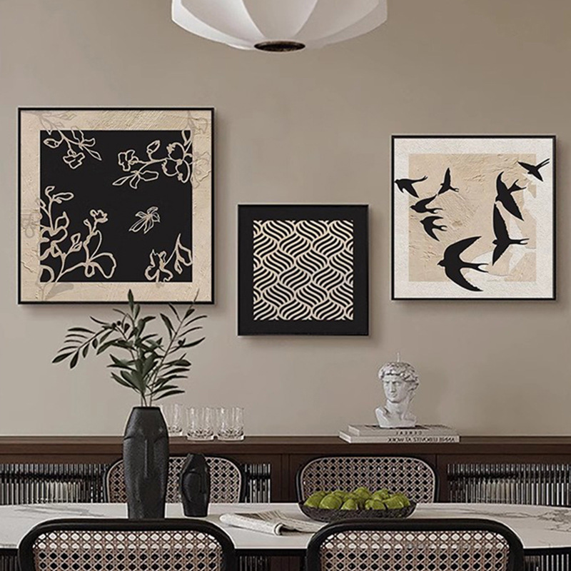 复古黑白侘寂风中式装饰画餐厅客厅法式背景挂画小众艺术燕子壁画