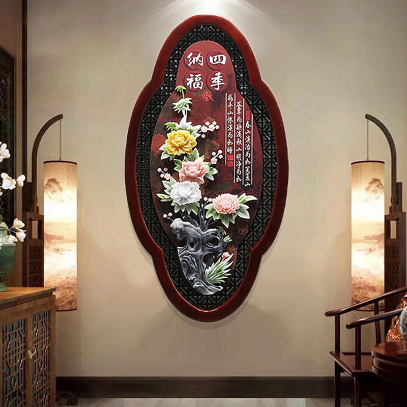 中式玄关装饰画入户走廊过道墙壁画客厅玉雕画实木立体画餐厅挂画