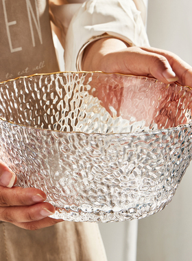 轻奢风透明玻璃碗家用大号沙拉碗水果碗高颜值水果盘大碗果盆餐具