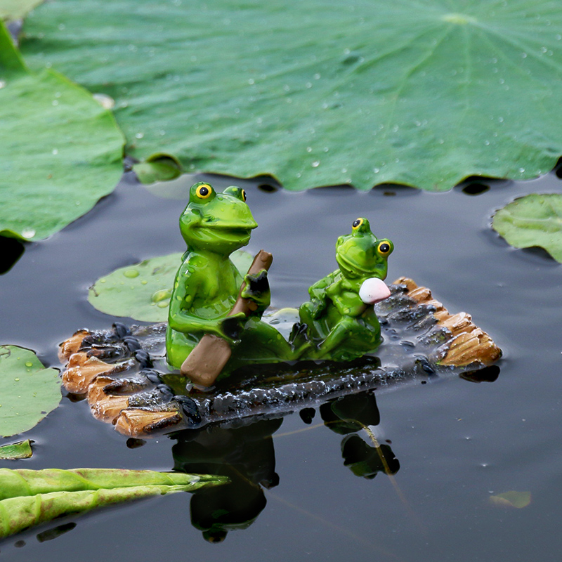 小院鱼池仿真动物竹排青蛙树脂摆件花园装饰庭院池塘浮水鱼缸造景