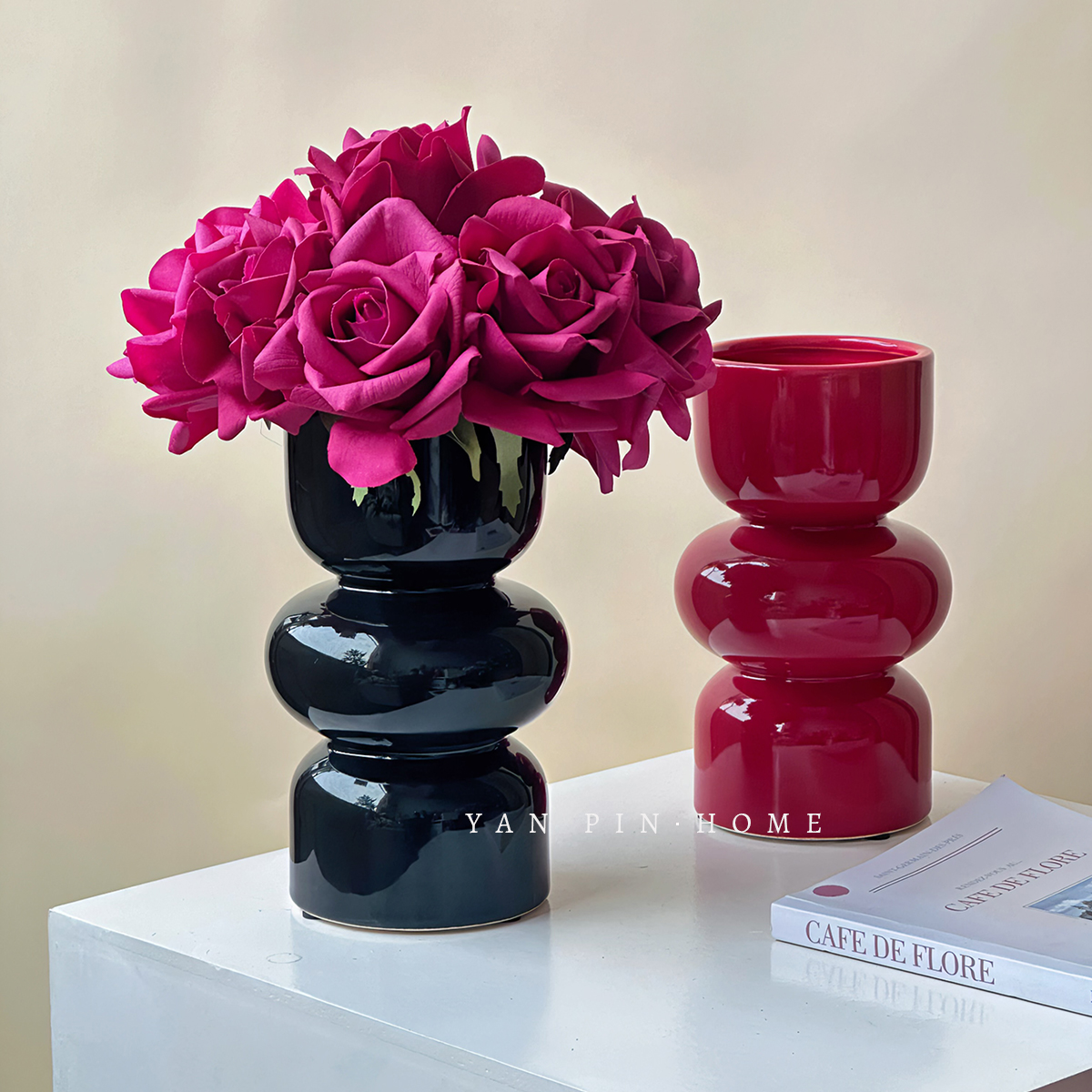 黑色复古陶瓷花瓶简约高级感创意客厅插花餐桌水养鲜花中古小花器