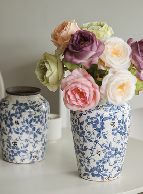 青花复古陶瓷花瓶客厅插花高级感鲜花水培绿植干花假花创意摆件