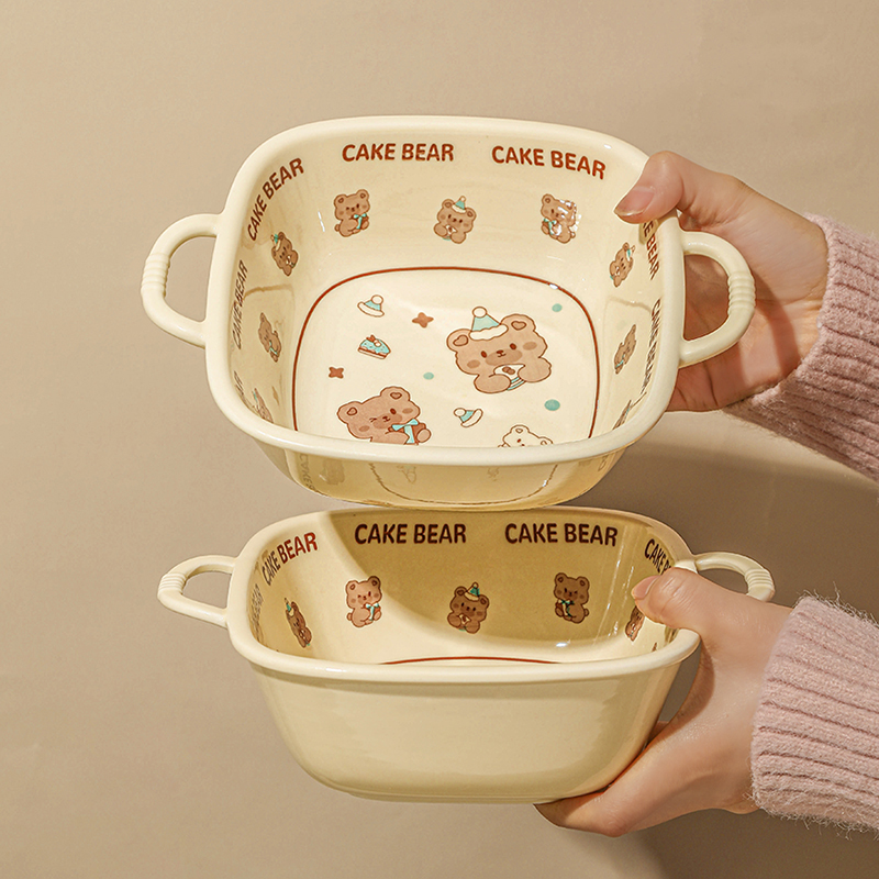 奶油风釉下彩陶瓷面碗沙拉碗饭碗餐具汤碗家用可爱双耳碗泡面碗