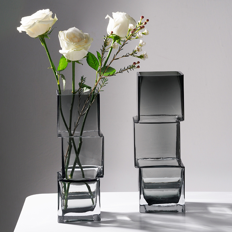 高级感ins风艺术花瓶摆件轻奢几何错位玻璃透明花瓶插花水培鲜花