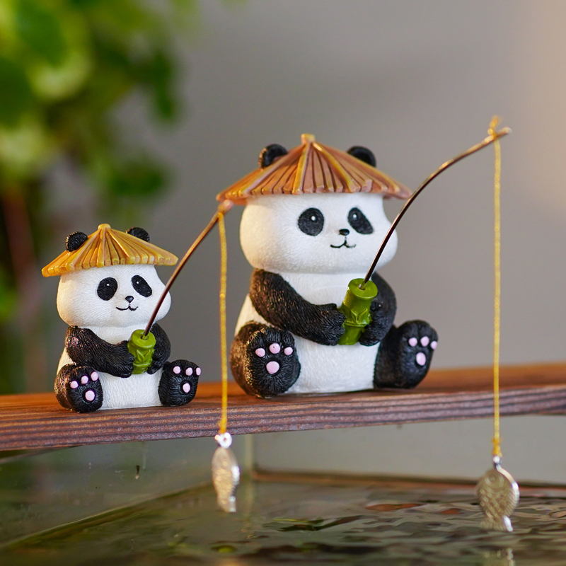 鱼缸边造景可爱熊猫钓鱼水族箱悬挂流水鱼池假山户外花园装饰摆件