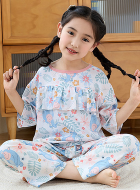 女童棉绸睡衣薄款夏季中袖儿童女孩大童绵绸空调家居服防凸点套装