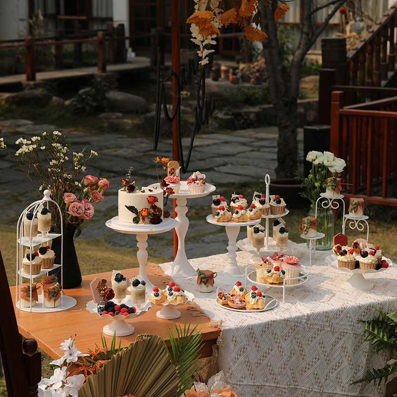 白色户外婚礼摆件 欧式甜品台架子 铁艺主蛋糕架婚庆玻璃镜面托盘