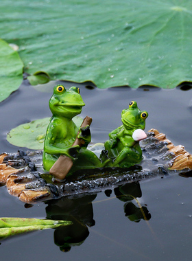 小院鱼池仿真动物竹排青蛙树脂摆件花园装饰庭院池塘浮水鱼缸造景