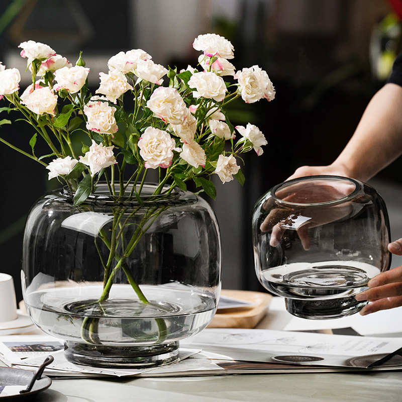 简约现代轻奢原色花瓶透明圆形大口水养鲜花插花客厅餐桌玻璃摆件