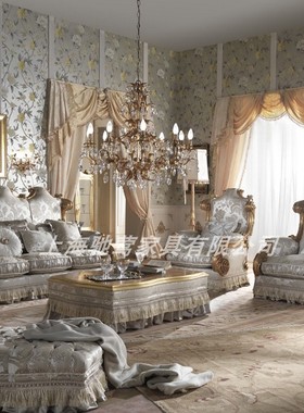 欧式别墅客厅成套家具法式宫廷金色实木雕花沙发意大利布艺沙发