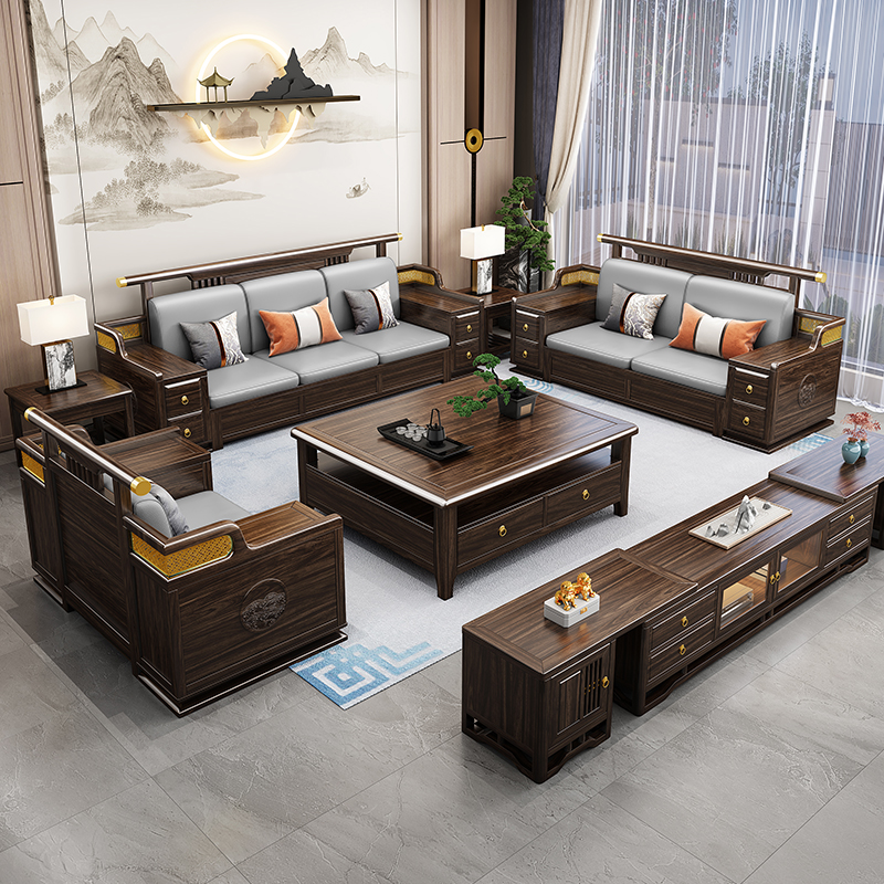 乌金木沙发实木新中式禅意轻奢木加布沙发客厅家具组合两用成套