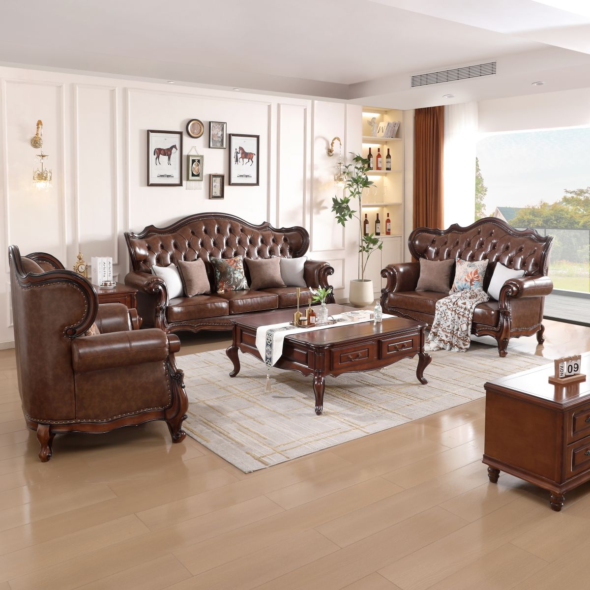 美式客厅欧式皮沙发复古法式单人别墅雕花成套奢华三人位皮艺沙发