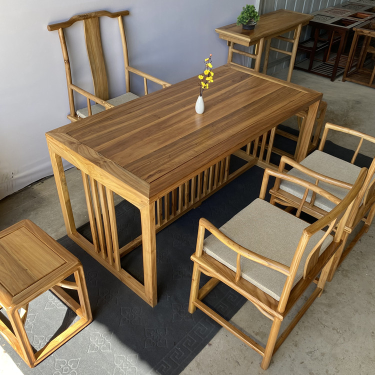 老榆木实木茶桌组合新中式成套书桌家用客桌简约原木色方桌会议桌