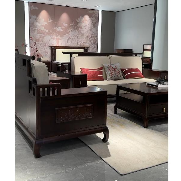 高博铭品新中式乌金木沙发1+2+3成套储物家具客厅轻奢雕花不包邮