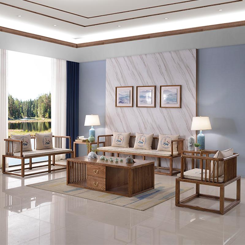 新中式实木沙发小户型客厅禅意白蜡木简约样板房别墅成套家具组合