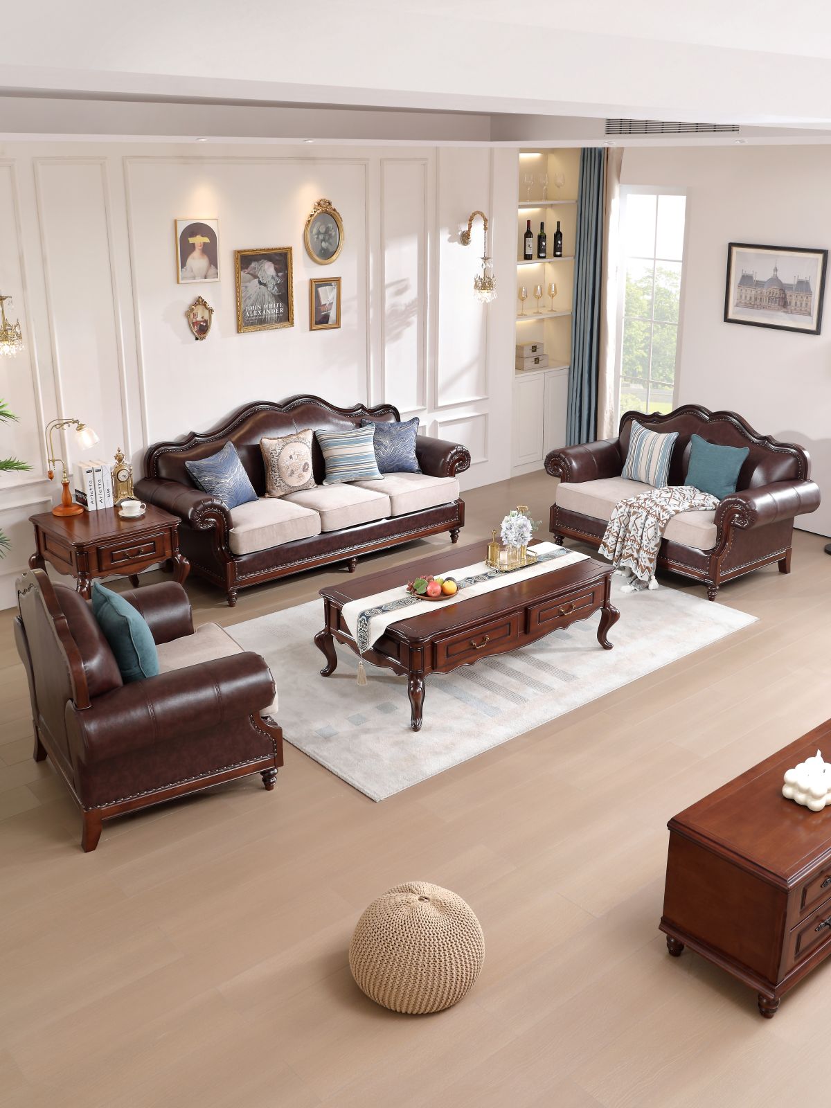 美式沙发组合客厅茶几电视柜仿真皮沙发别墅雕花成套三人位布沙发