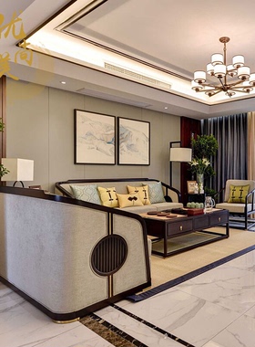 新中式实木布艺沙发组合别墅客厅禅意实木沙发样板房成套家具定制