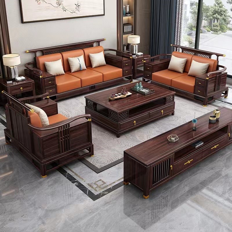 新中式黑檀木木质成套家用储物沙发电视柜储物冬夏两用沙发家具