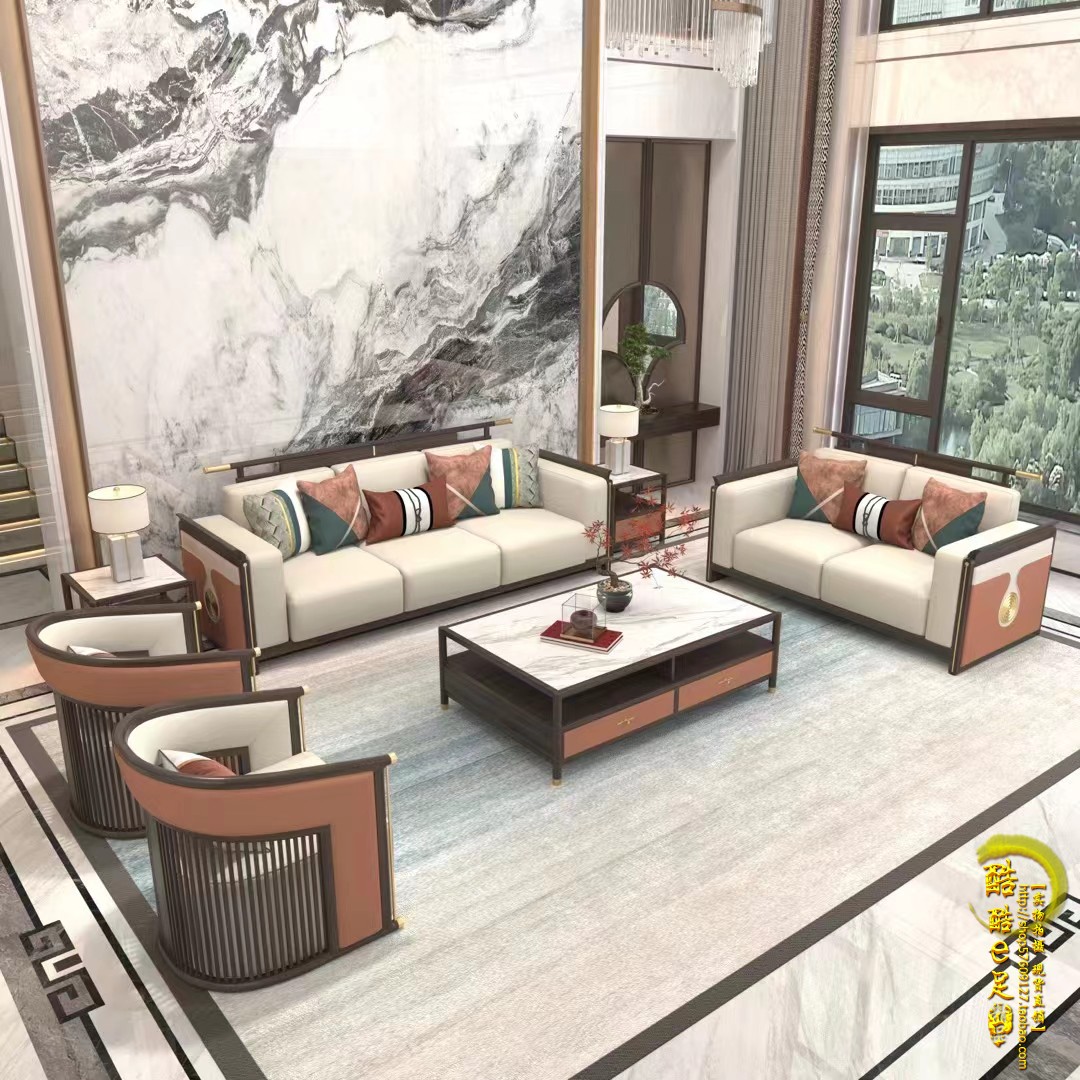 新中式实木沙发组合客厅样板间轻奢沙发成套整装家具展厅洽谈茶几
