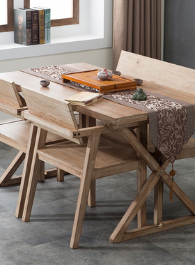 灿洋现代简约实木餐桌椅组合长方形做旧民宿家用饭店餐厅成套桌椅