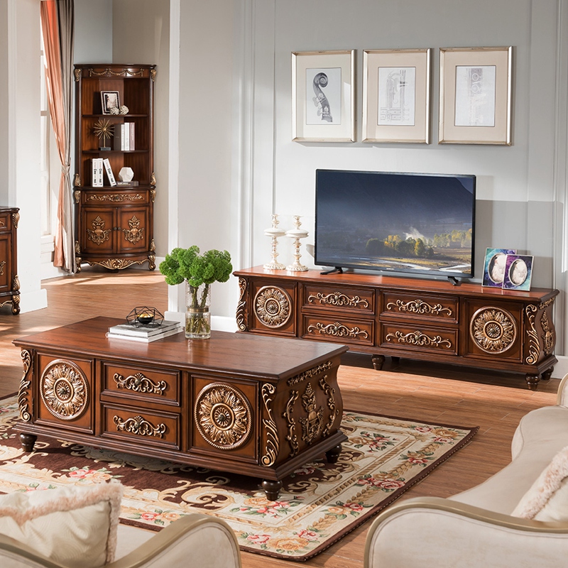 欧式茶几实木电视柜美式雕花地柜复古描金客厅成套家具1.4 米茶几