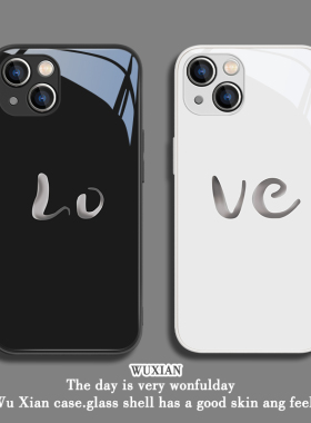 适用love苹果15promax手机壳14情侣iPhone13mini高级感小众情侣一对ip12新款11女款xsmax玻璃xs创意xr硬壳8p