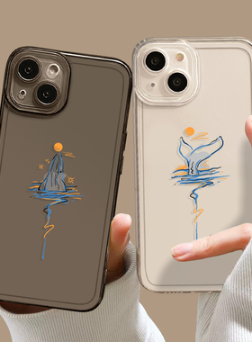 情侣手机壳适用苹果14鲸鱼iphone13pro透明12mini艺术11promax新款x小众8plus高级感xr简约xs一对7任意机型se