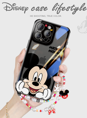 迪士尼适用苹果15promax手机壳新款透明玻璃iphone14pro可爱米奇高级感女超薄防摔13全包镜头情侣简约带挂绳