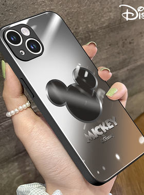 迪士尼正版适用苹果14promax手机壳iphone13新款液态玻璃12pro卡通米奇头情侣高级感黑色全包防摔保护套创意