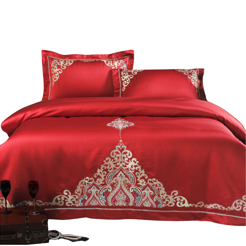 欧式婚庆四件套大红色结婚床上用品床单被套件简约刺绣新婚庆床品