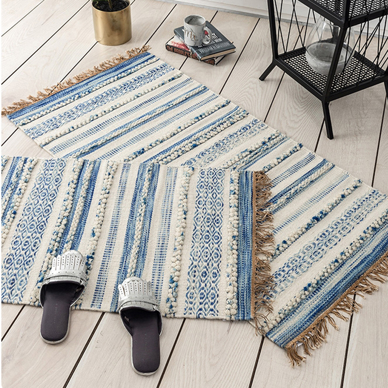 印度手工羊毛编织地垫蓝色北欧卧室床边地毯飘窗民宿地毯装饰地垫