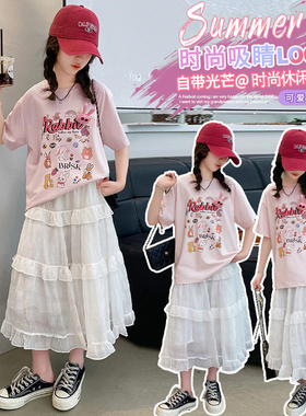 女童套装夏装2024新款洋气儿童韩版中大童夏季时髦休闲裙子两件套